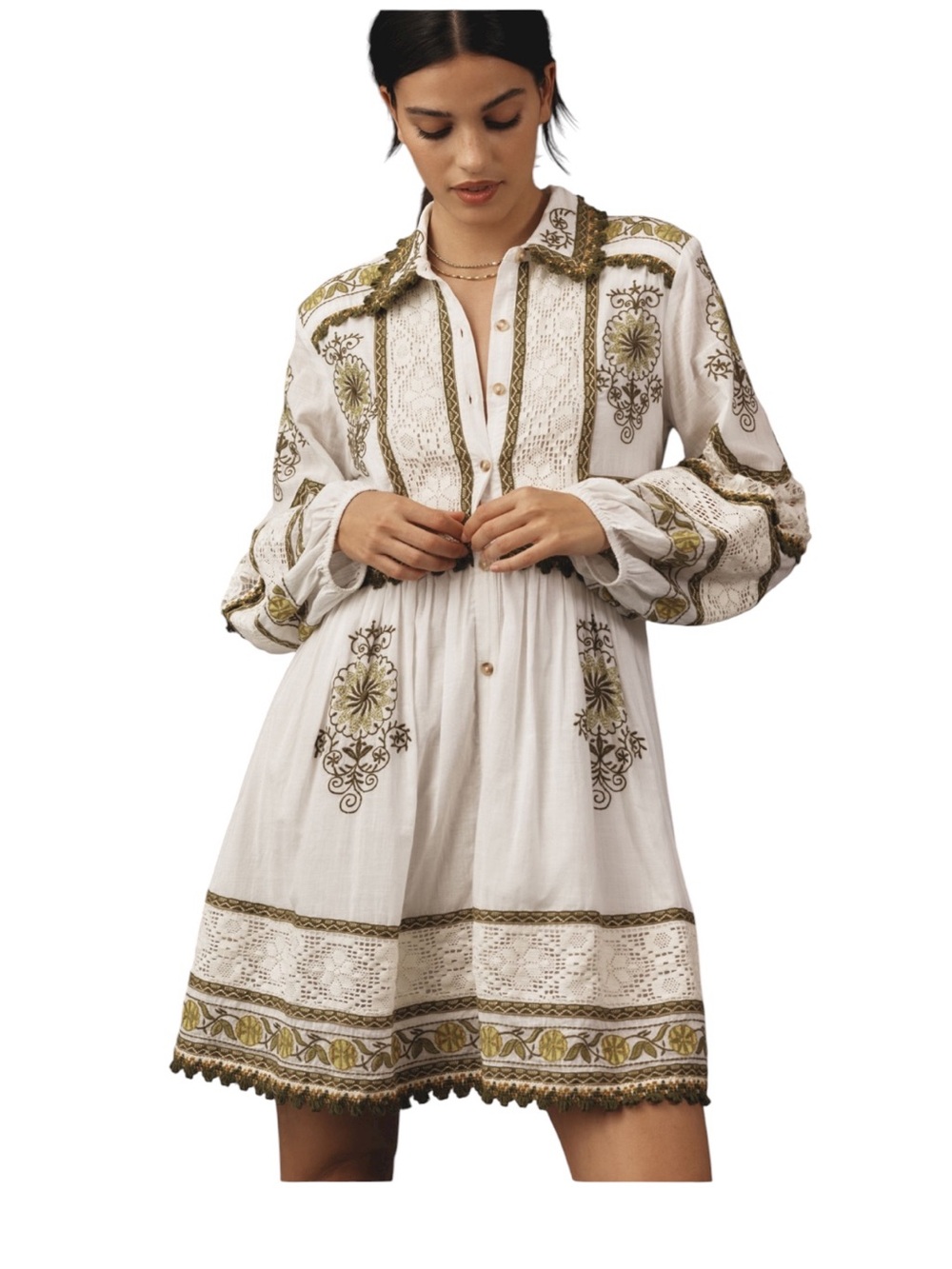 Anthropologie Maeve White cotton Peasant embroidered Mini Dress blouson